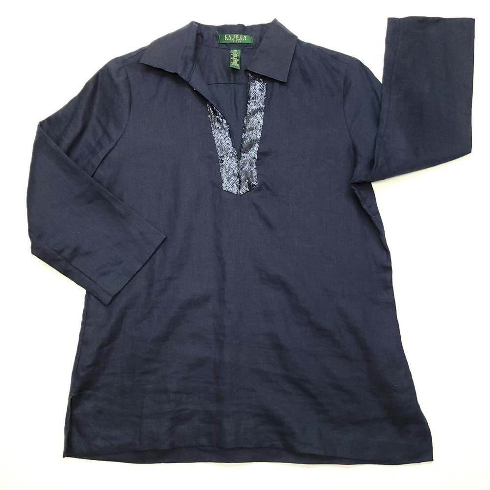 Lauren Ralph Lauren Tunic Women PM Blue Linen Sequin 3/4 Sleeve Pullover Classic